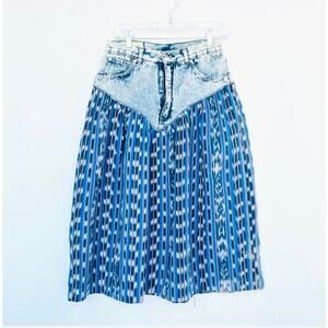 1980s Acid Wash Jean Yoke Southwest Print Midi Skirt Boho Western Festival M